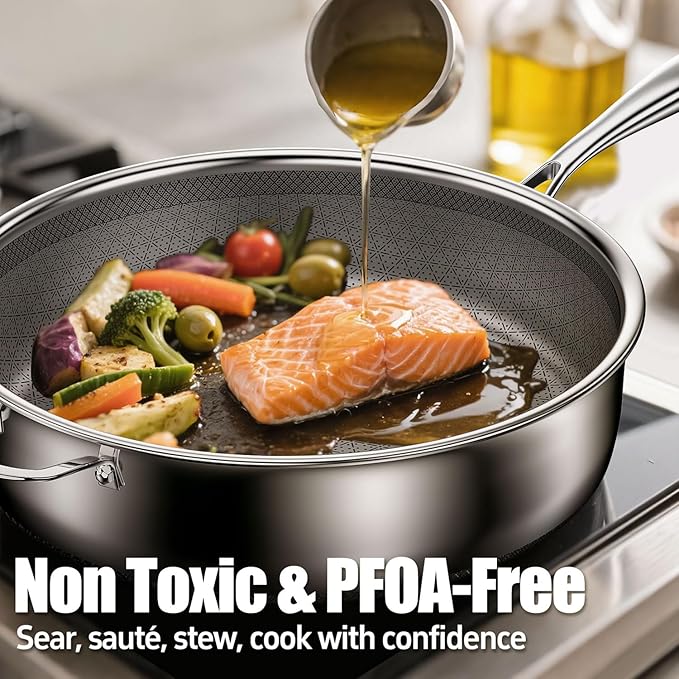 5 Qt Sauté Pan with Lid, 10-inch 5 Ply Stainless Steel Sauce Pan with Lid, Non Stick Frying Pans, Cooking Pot Deep Frying Pan Non-Toxic, For Induction, Oven, Dishwasher Safe