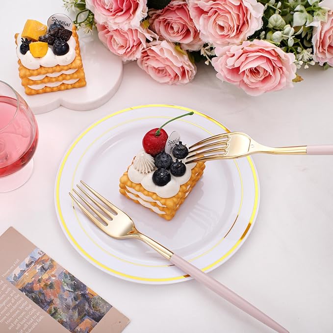 I00000 60 Pack Pink Plastic Silverware,Gold Disposable Flatware with Pink Handle, Gold Plastic Cutlery Set Includes: 20 Forks, 20 Knives and 20 Spoons, Tableware Set for Party and Wedding