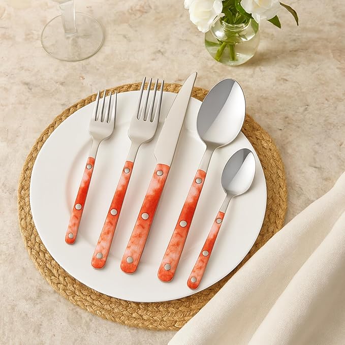 Khen 20-Piece Cutlery Set with Dinner Knives, Forks, Spoons, Salad Forks & Teaspoons – Durable and Dishwasher Safe Utensil Set for Home, Kitchen, Weddings & Occasions - Blush Storm Pattern Handle