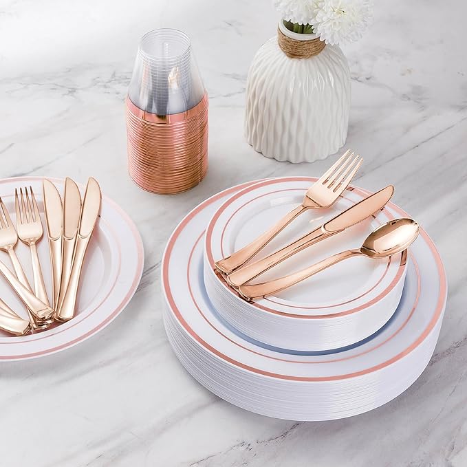 Goodluck 150PCS Rose Gold Plastic Silverware, Rose Gold Utensil Disposable, Plastic Cutlery Set of 50 Forks, 50 Spoons, 50 Knives for Wedding, Party, Valentines
