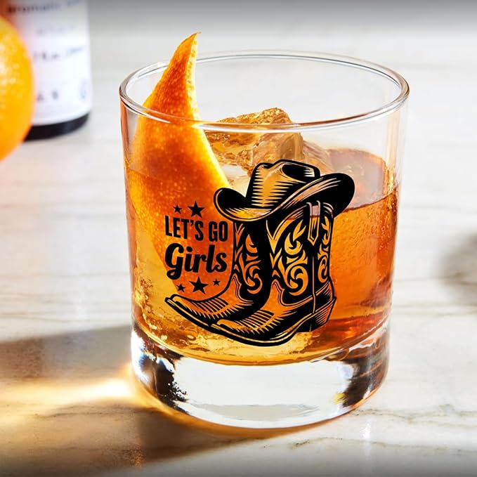 Western Cowgirl Party Whiskey Glasses 10 oz, Western Cowgirl Gifts, Let's Go Girls Bachelorette Party Old Fashioned Rocks Glasses Cup for Women Drinking Scotch Bourbon Liquor