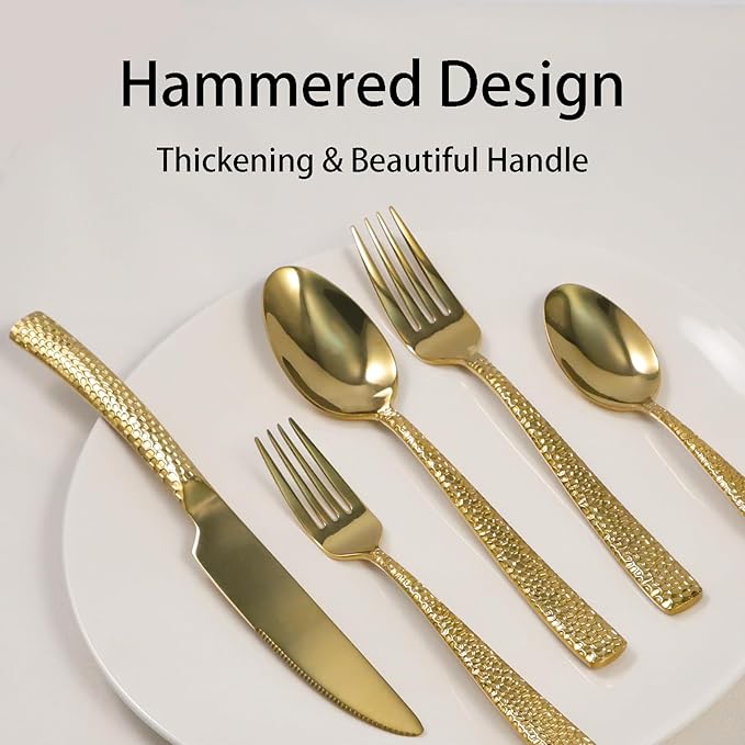 Gold Hammered Silverware Set, 40 Piece Stainless Steel Flatware Set for 8, Food-Grade Tableware Cutlery Set for Home Restaurant, Mirror Polished, Dishwasher Safe