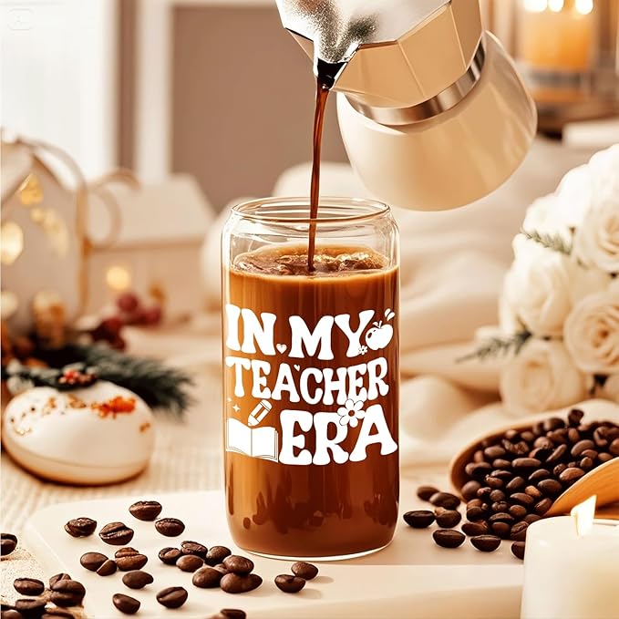 in My Teacher Era Glass Cup with Lids and Straws 14oz, Teacher Appreciation Gifts, Teachers Gifts for Women Glass Iced Coffee Tumbler Drinking Jars with Cleaning Brush