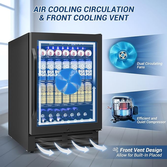 24 Inch Beverage Refrigerator Under Counter, 24" Space Built-In Beer and Drink Fridge with Glass Door for Soda, Water, and Milk - For Kitchen, Bar or Office