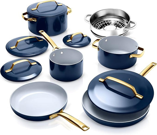 Gotham Steel Modern 11 Pc Ceramic Pots and Pans Set Non Stick, Kitchen Cookware Sets, Non Stick Pots and Pan Set, Ceramic Cookware Set, Pot and Pan Set, Non Toxic Cookware Set, Dishwasher Safe - Navy