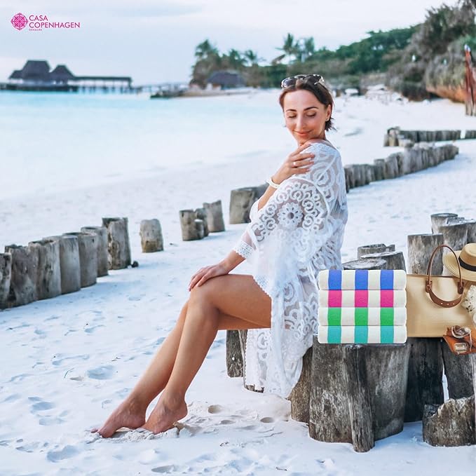 CASA COPENHAGEN Cabana Beach Towel Designed in Denmark Rough and Tough, Quick Dry, Pool, Bath & Shower 30x60 inches 4 Pieces Cotton Beach Bath Towels Set - Turquoise, Royal Blue,Pink, Green