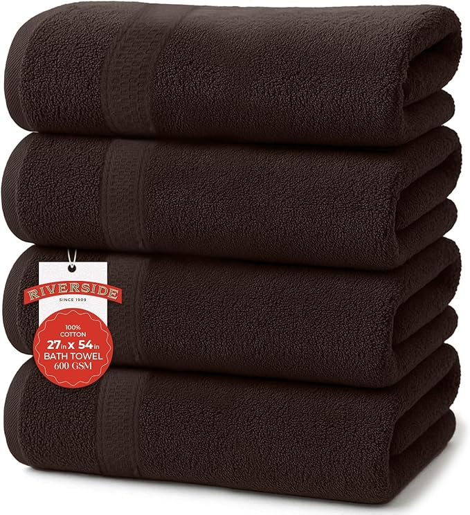 RIVERSIDE 100% Ring Spun Cotton Large Bath Towels Set of 4, 27 x 54 Inches – Quick Dry, Soft & Highly Absorbent Towels for Shower & Bathroom – Luxury 600 GSM Towels for Home, Spa, Gym, Hotel, Brown