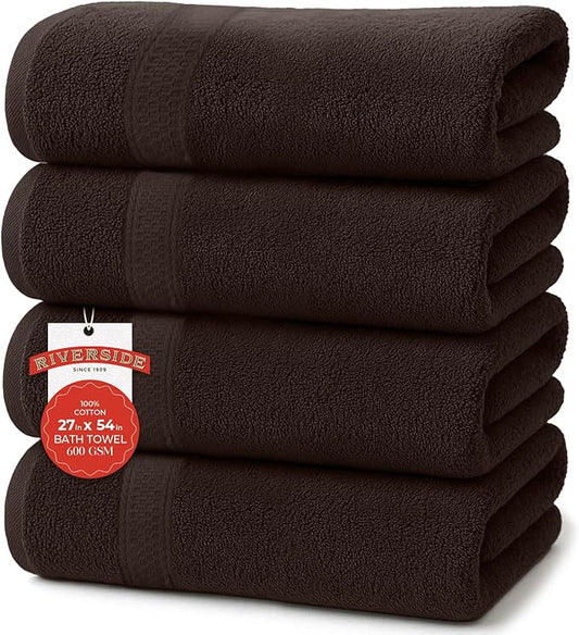 RIVERSIDE 100% Ring Spun Cotton Large Bath Towels Set of 4, 27 x 54 Inches – Quick Dry, Soft & Highly Absorbent Towels for Shower & Bathroom – Luxury 600 GSM Towels for Home, Spa, Gym, Hotel, Brown