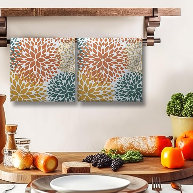 Dahlia Floral Hand Towel Set of 2 Orange and Yellow Teal Flower Kitchen Dish Towels Green Tea Towel Soft Washcloths Towel Set for Bathroom Gym Hotel Spa 28.3 x 14.4 Inch
