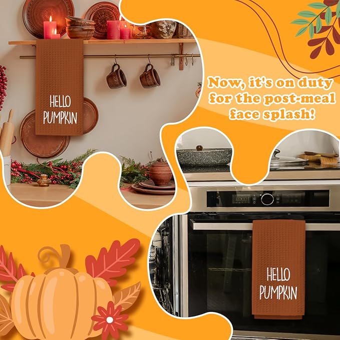 Hello Pumpkin Fall Kitchen Towels,16x23.5 Inch Microfiber Waffle Weave Halloween Kitchen Towels, Autumn Thanksgiving Decor, Seasonal Fall Decorations for Bathroom-C03