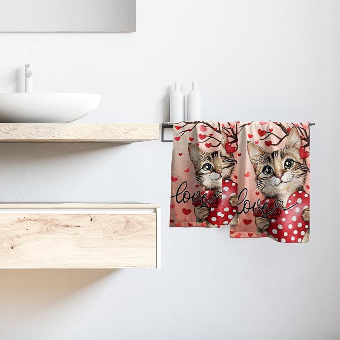 Imiss Red Cat Heart Rose Hand Towels - Red Love Hearts Tree Decorative Bathroom Kitchen Dish Towel Set of 2 Holiday Guest Towels 14.4 x 28.3 Inch for Gym,Spa,Hotel