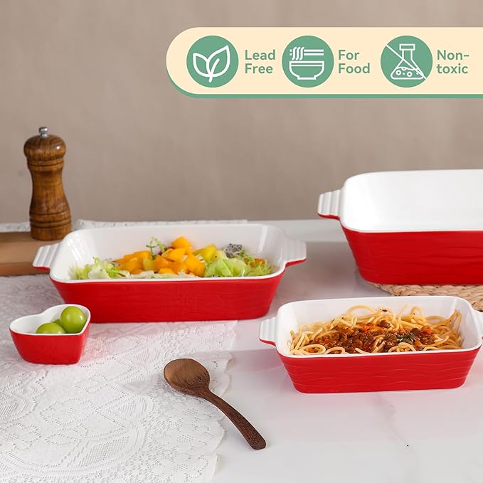 Baking Dish for Oven Ceramic Lasagna Pan 9×12.8 Inch Casserole Dishes Bakeware Set With Ramekin Large Deep Baking Dishes Rectangular Non-Stick Baking Pans for Kitchen Baking and Roasting Red