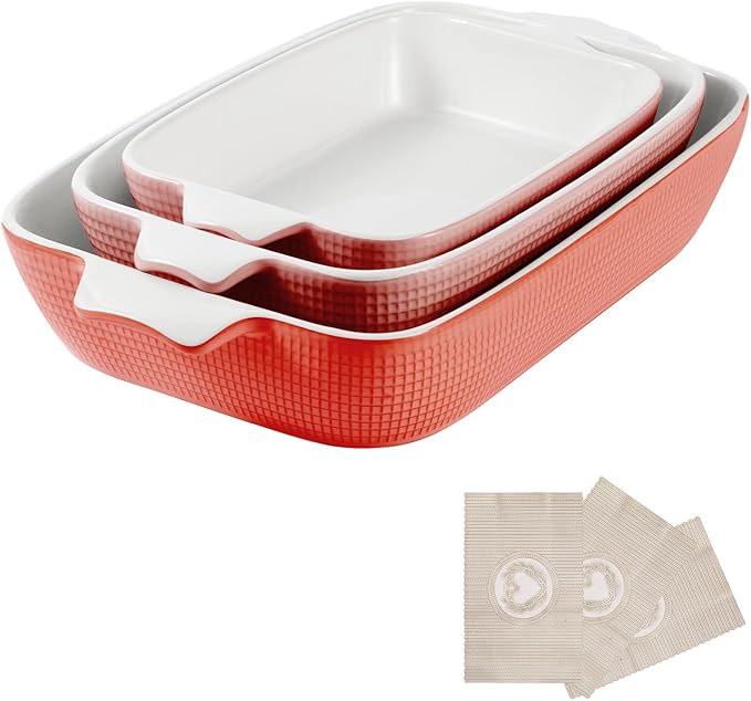 Bakeware Casserole Oven Dishes Baking - 3pcs Ceramic Rectangular Oven Serving Sets,（10.3/12.4/14.7）Stoneware Cookware Pan, Porcelain White Thanksgiving Ware for Cooking Lasagna (Red)