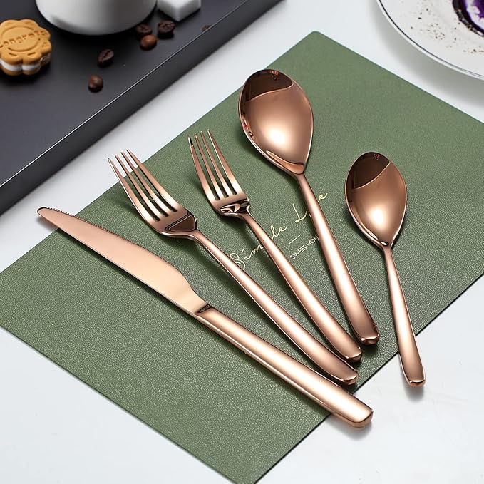 HOMQUEN 40-Piece Copper Silverware Set, Rose Gold Flatware Set for 8, Stainless Steel Tableware Cutlery Set, Utensil Sets for Kitchen, Forks and Spoons Silverware (Shiny Rose Gold)