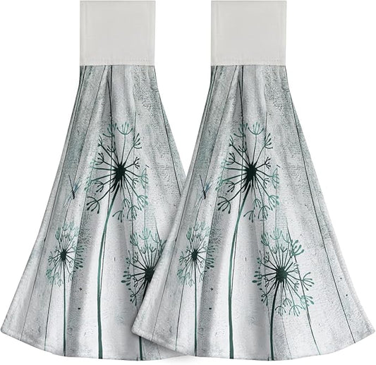 Giwawa Teal Dandelion Hanging Hand Towels with Loop Set of 2 Rustic Flower Soft Fast Dry Kitchen Tie Towel for Bathroom Laundry Farmhouse Decor