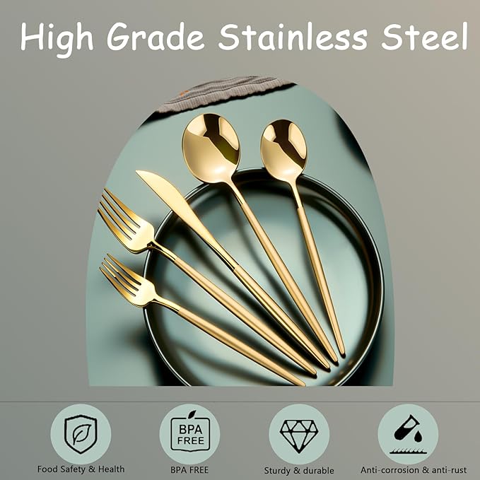 Modern Gold silverware Set,Premium 18/10 Stainless Steel,Heavy duty,Sturdy,Sharp Practical steak knives,Matte gold Handle,Mirror Polished Finish,Kitchen Essential, (golden)