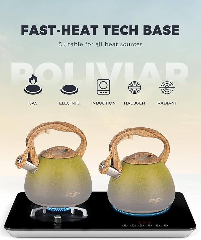 POLIVIAR Tea Kettle, 2.7 Quart Stovetop Tea Kettle, Audible Whistling Teapot with Crackle Finish, Food Grade Stainless Steel for Anti-Rust, Anti Hot Handle, Suitable for All Heat Sources (JX2023-LYG)