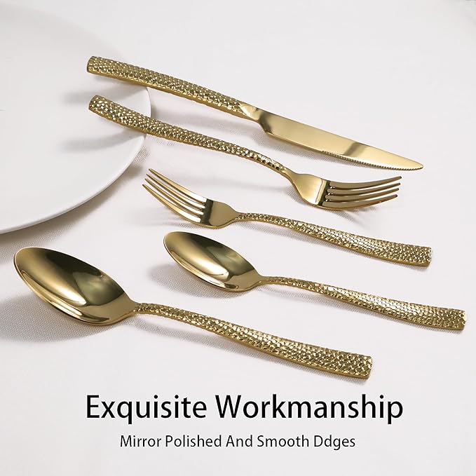 Gold Hammered Silverware Set, 20 Piece Stainless Steel Flatware Set for 4, Food-Grade Tableware Cutlery Set for Home Restaurant, Mirror Polished, Dishwasher Safe