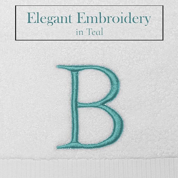 Teal and White Bathroom Hand Towel - Monogrammed Luxury Hotel Quality Decorative Embroidered Towel for Powder Room, Spa - GOTS Organic Certified - Set of 2 Letter B