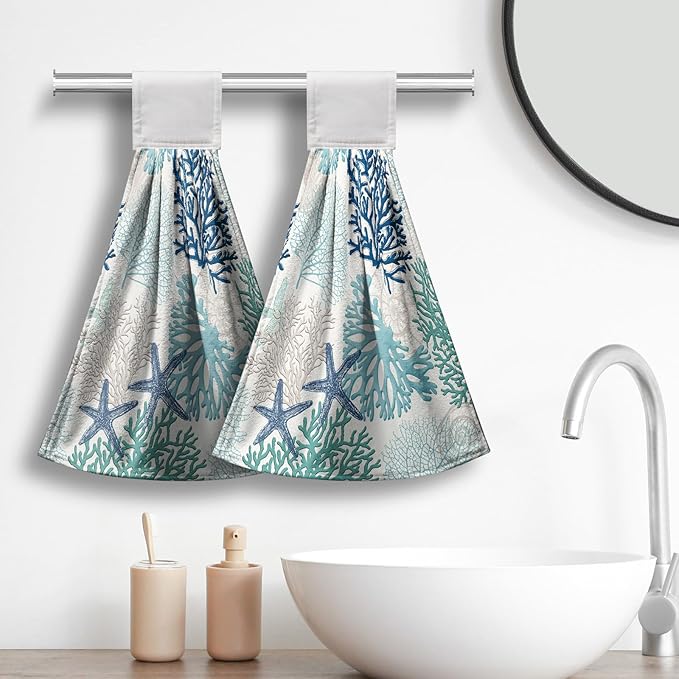 Summer Blue Coral Hanging Hand Towels Set of 2 Beach Ocean Kitchen Dish Towel Coastal Bathroom Towels Seashell Decorative Coral Tie Towels for Bathroom Kitchen Accessories 12x17 Inch