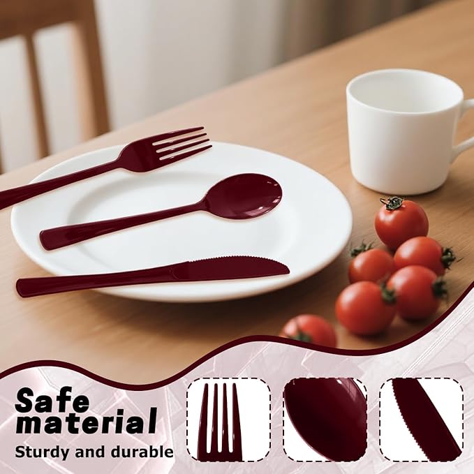 150 Pack Disposable Plastic Silverware, Heavy Duty Burgundy Plastic Cutlery Set Includes 50 Forks 50 Knives 50 Spoons for Birthday Wedding Party Picnics (150, Burgundy)