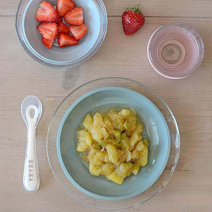 BEABA 3-Piece Glass Meal Set with Suction Pads, Toddler Plate and Baby Bowls with Suction, Non Slip Kids Dinnerware Set, 2.5x Stronger than Regular Glass, Eucalyptus