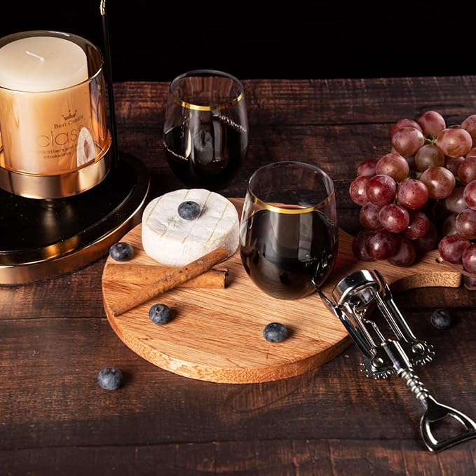 SUT 24 Pack 12oz Gold Plastic Wine Glasses Stemless, Gold Disposable Wine Cups, Premium Quality, Recyclable, Unbreakable, Crystal and BPA-Free for Party