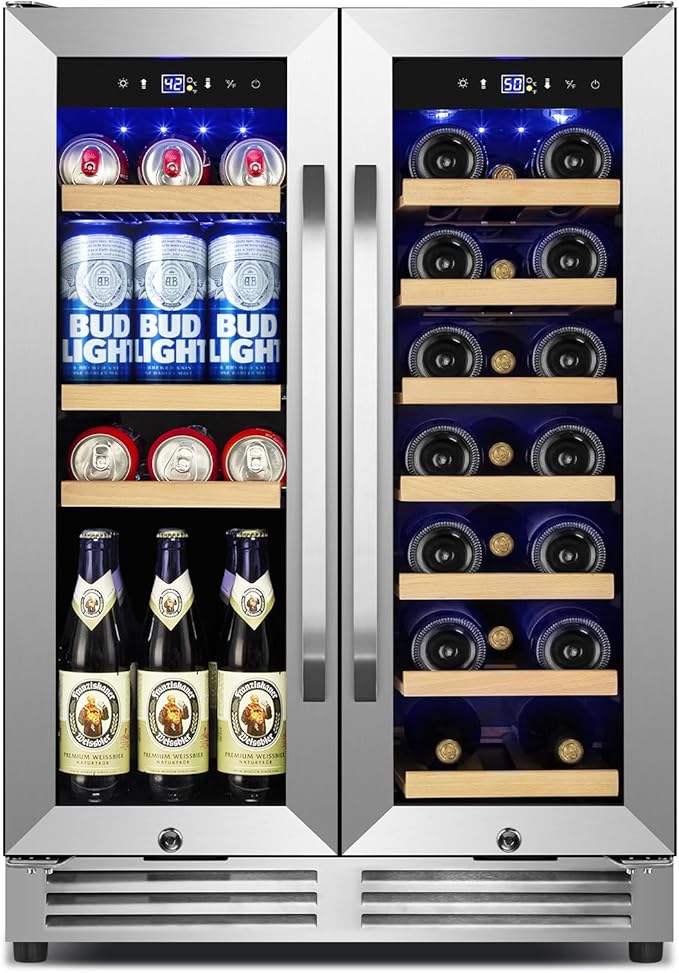 24 Inch Upgraded Wine and Beverage Refrigerator– Dual Zone Beverage Cooler with Glass Door | Under Counter or Freestanding | Large Capacity, Advanced Cooling System & Carbon Purification