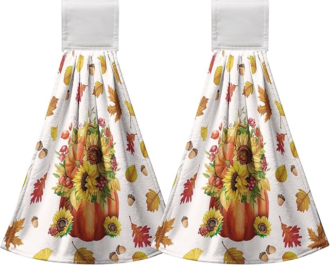 Fall Pumpkin Sunflower Bathroom Hand Tie Towel Autumn Maple Leaf Hanging Dish Towels Set of 2 Decorative Kitchen Towel Soft Absorbent Towels for Bathroom Kitchen Home Decor 17 * 12 Inch
