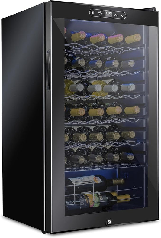Schmecke 34 Bottle Compressor Wine Cooler Refrigerator w/Lock | Large Freestanding Wine Cellar | 41f-64f Digital Temperature Control Wine Fridge For Red, White, Champagne or Sparkling Wine - Black