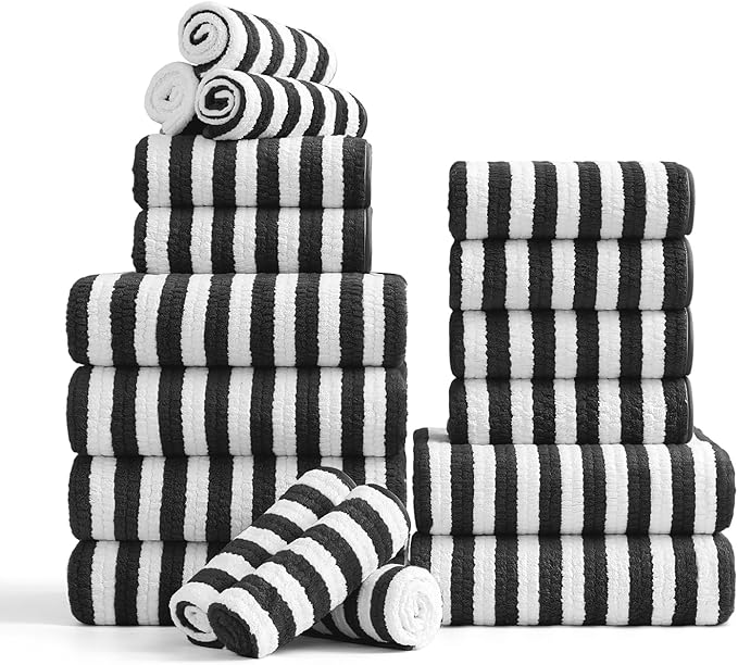 18-Piece Microfiber Bath Towels Set - 6 Bath Sheet, 6 Hand Towels, 6 Washcloths, Soft, Highly Absorbent Bathroom Towel, Quick Dry & Less Lint Shower towel for Bathroom, Hotel, Spa, Dorm-Black White
