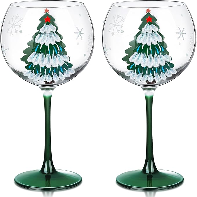 Joeyan Christmas Crystal Balloon Wine Glasses,Hand Painted Large Wine Goblet Glass Cups with Stem,Gin Tonic Cocktail Drinking Glasses with Green Xmas Tree and Snowflakes Patterns,19.5 oz,Set of 2