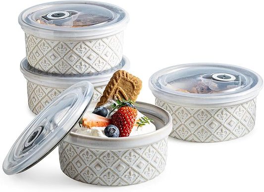 12 oz Souffle Ramekins Oven Safe with Lids, Small Creme Brulee Dishes, Ceramic Custard Cups Baking Bowls for Dessert, Dipping Sauce, Pudding, Set of 4, Beige