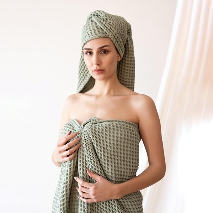 Premium Waffle Bath Towel Pack of 2, Sage Green, Extra Large 35x71 inch - 100% Turkish Cotton, Waffle Weave, Quick-Dry, Lint-Free, Lightweight Bath Sheet Towel (Sage, Set of 2 Bath Towels)