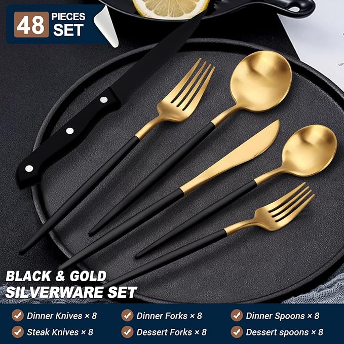 EUIRIO 48-Piece Matte Black&Gold Silverware Set with Steak Knives, Flatware Set for 8, Stainless Steel Forks and Spoons Silverware Sets, Cutlery Utensils Set, Satin Finish & Dishwasher Safe