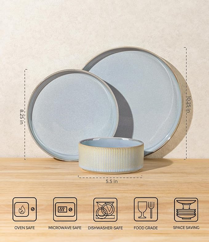 TheTerra Ceramic Dinnerware Sets for 4, 12 Pieces Porcelain Lightweight Speckled Plates and Bowls Sets, Scratch Resistant Dish Set, Oven & Microwave & Dishwasher Safe, Illusion Blue