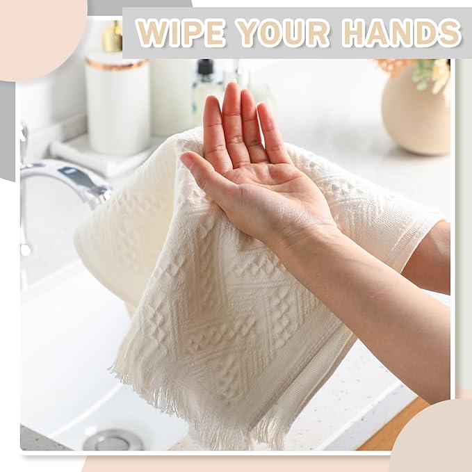 4 Pack Boho Bathroom Hand Towel 14 x 30 Inch 100% Turkish Cotton Decorative Boho Kitchen Hand Towel Farmhouse Bathroom Decor Set Absorbent Soft Guest Tea Gift(Cream White)