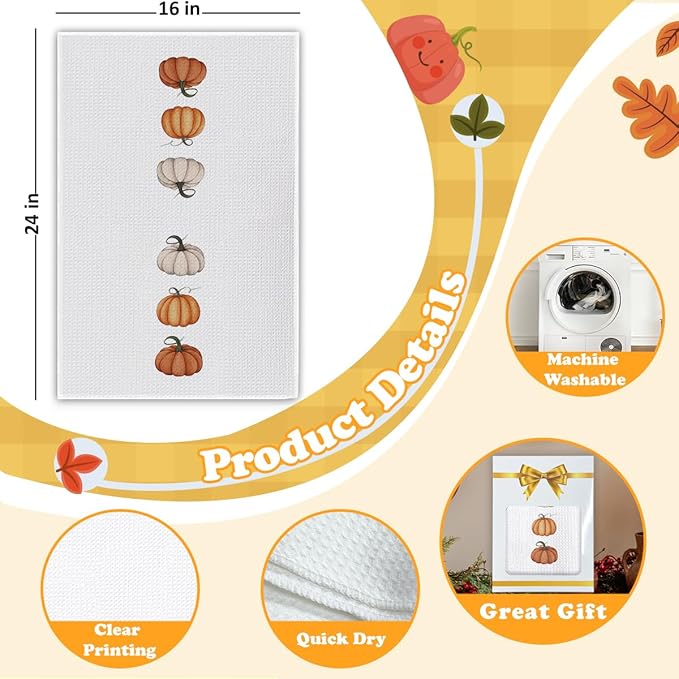 Pumpkin Fall Kitchen Towels, Farmhouse Autumn Dish Hand Towels Microfiber Waffle Weave 16x23.5 Inch, Rustic Thanksgiving Halloween Fall Decor for Kitchen Bathroom-C01