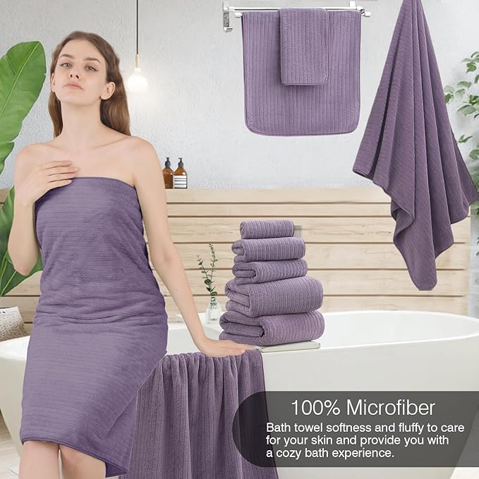 18 Piece Family Bath Towel Set Include 6 Bath Towels,6 Hand Towels and 6 Washcloths Soft Bathroom Towel with Hanging Loops,Highly Absorbent Quick Dry Towels Set for Bathroom,Hotel and Spa-Dark Purple