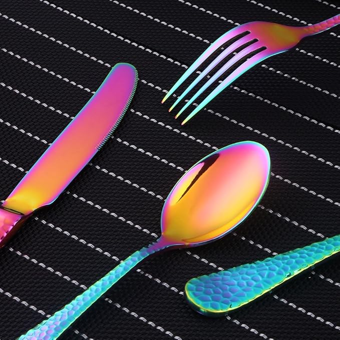 5-Piece Rainbow Silverware Flatware Set Service for 1 Stainless Steel Cutlery Set Include Dinner Knife Table Fork Table Spoon Salad Fork Tea Spoon for Wedding, Dishwasher Safe