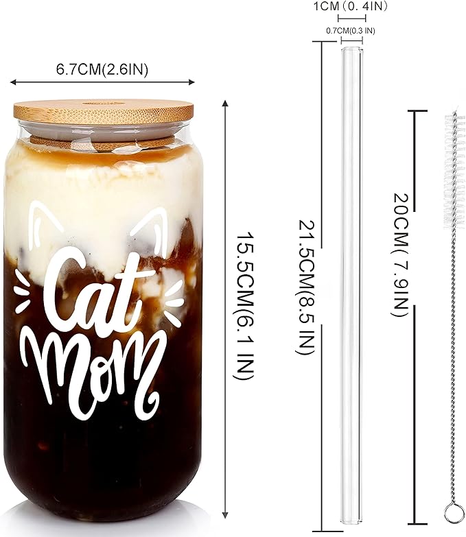 Mason Life Gift for Women, Birthday Gift for Cat Lover, Glass Cup and Sock for Kitty Mom, Cat Mom Gifts for Women, Kitty Themed Gifts, 18oz Drinking Glasses with Bamboo Lid and Glass Straw