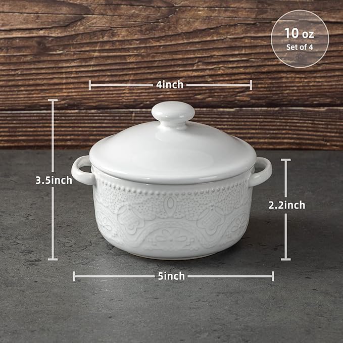 Mini Cocotte Set, 10 OZ Small Casserole Dishes with Lids, Ceramic Kitchen Casserole Sets With Handles, French Onion Soup Bowls, Soup Crocks for French Onion, Desserts, Beef Stew, Cereal, Pot Pies, Set of 4 (White)