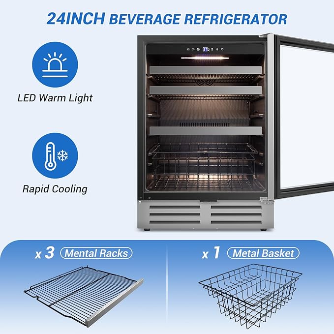 24" Beverage Refrigerator Cooler Under Counter, 180-Can Capacity, 24 Inch Wide Built-In Beer & Drink Fridge with Glass Door With Metal Basket for Home, Bar & Office