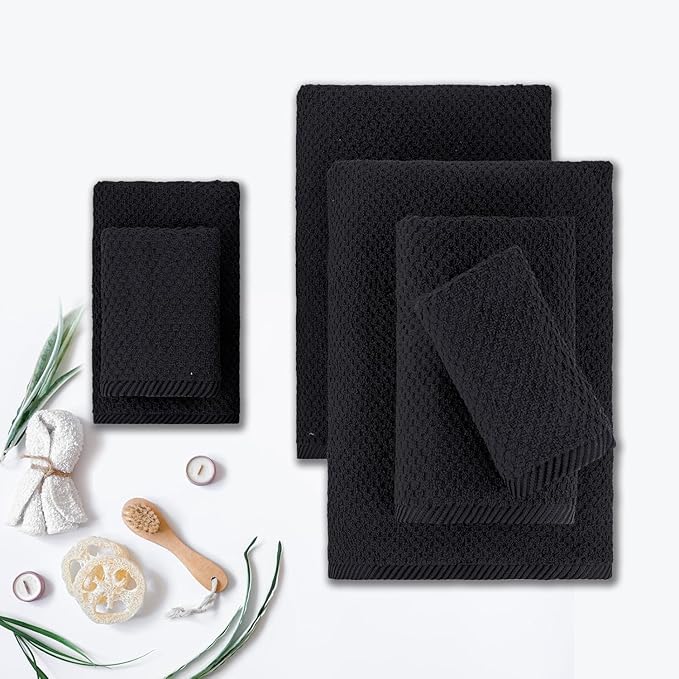 CASA COPENHAGEN Popcorn 6 Pieces Towel Set- Black, 600 GSM 2 Bath Towel 2 Hand Towel 2 Washcloth, Designed in Denmark Made of Soft Egyptian Cotton for Bathroom, Kitchen & Shower
