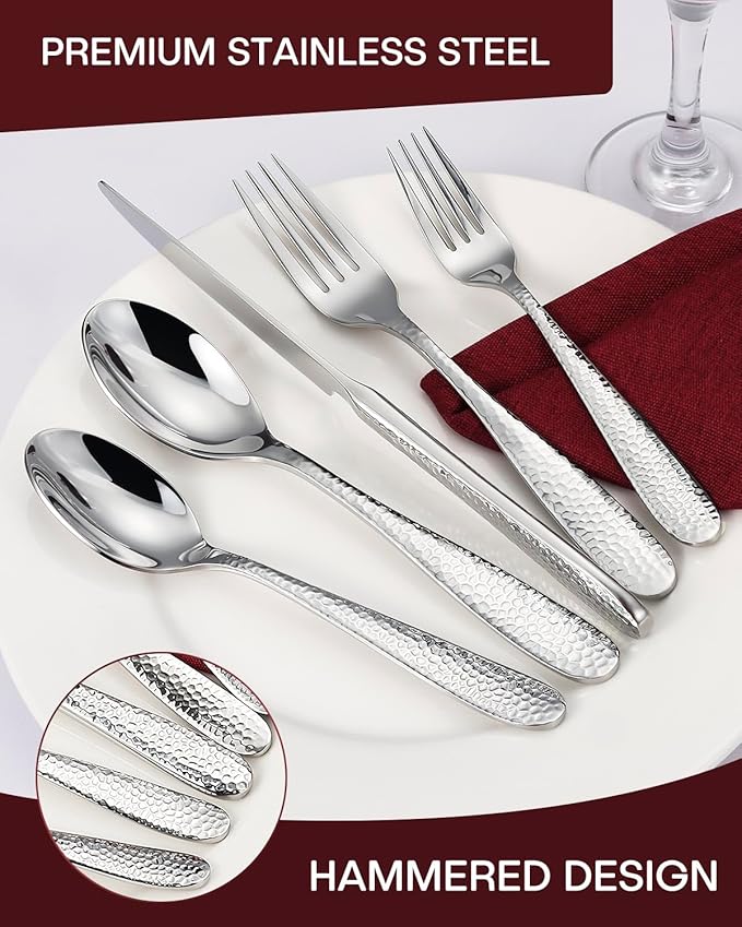 Hammered Silverware Set, EUIRIO 20-Piece Heavy Duty Cutlery Set for 4, Stainless Steel Flatware Set, Food-Grade Utensil Sets Includes Spoons Forks and Knives, Mirror Finish Dishwasher Safe