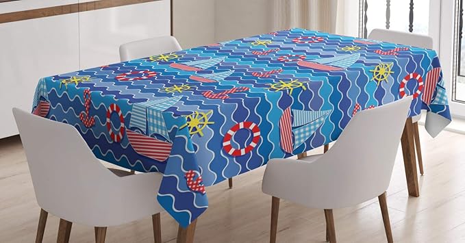Ambesonne Anchor Tablecloth, Ahoy Anchor Art Ocean Sailboat Wheel Sea Life Ocean Waves Marine Theme Boys and Girls, Rectangular Table Cover for Dining Room Kitchen Decor, 60" X 90", Blue