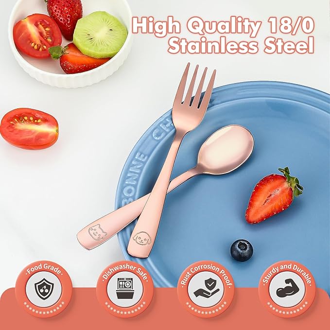 DRKIO Stainless Steel Toddler Utensils Set - 12 Pieces Kids Silverware Set Children Safe Food Grade Small Forks and Spoons Dishwasher Safe Mirror Polished