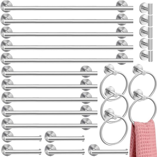 Gisafai 25 Pcs Bathroom Hardware Set, 23.6 Inch Brushed Towel Bar Ring Toilet Paper Holder Robe Towel Hook, Sus304 Stainless Steel Bathroom Accessory Set Wall Mounted (Silver)