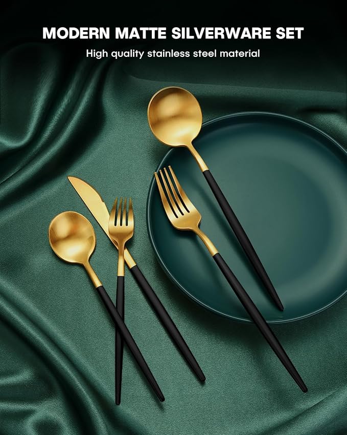 EUIRIO 30-Piece Silverware Set for 6, Stainless Steel Flatware Set Matte Black Gold, Modern Brushed Thick Cutlery Set with Spoons Forks and Knives, Utensil Set for Home Kitchen Hotel, Dishwasher Safe