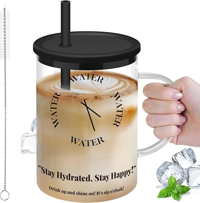 NiHome 33oz Glass Handle Cup with Silicone Lid and Straw for Daily Hydration, Large Capacity for Hot Tea, Iced Coffee, Smoothies, Ergonomic Design with Modern Minimalist Clock Pattern, Dishwasher Safe